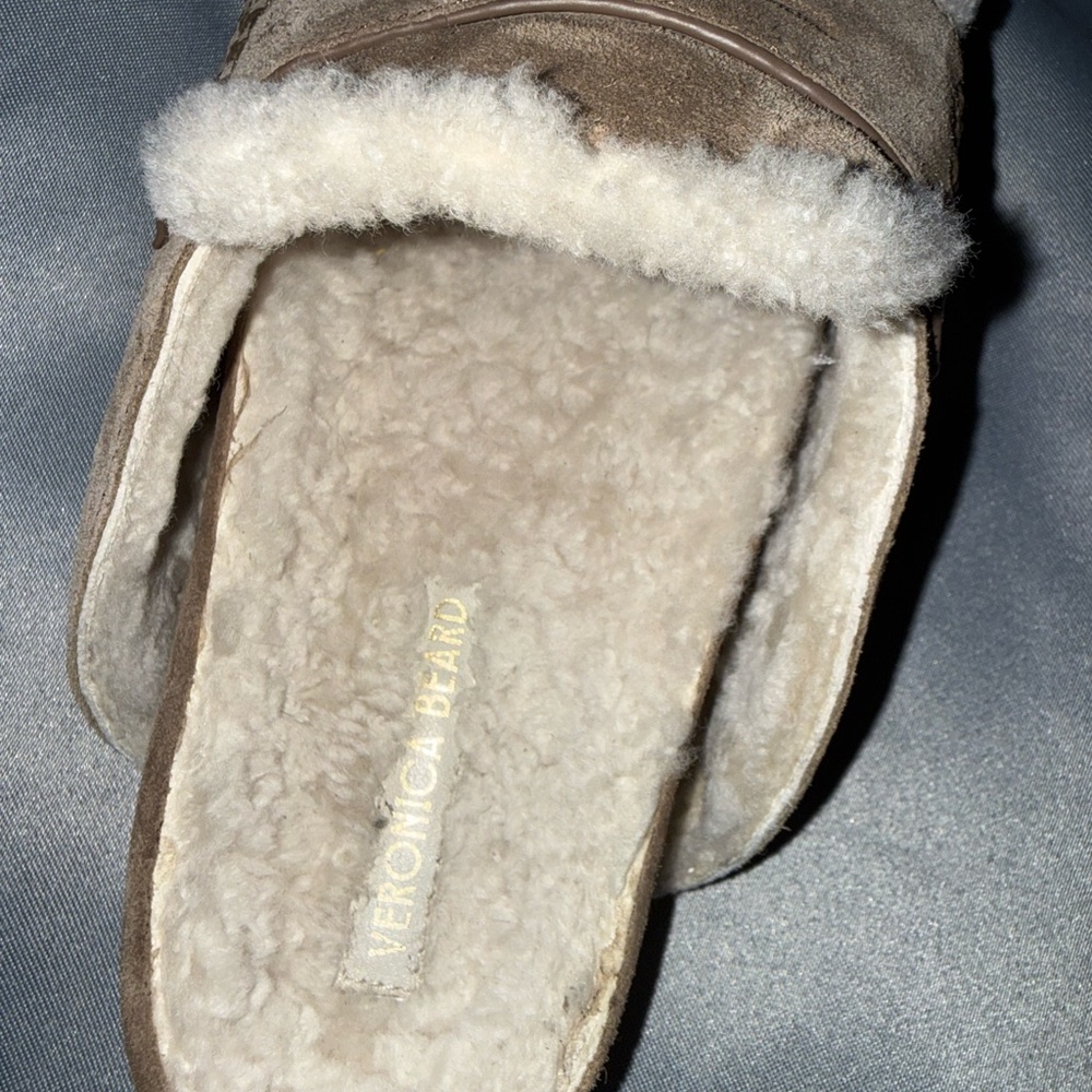 Veronica Beard Taupe Suede Shearling-Trim Studded Mule Slides - Picture 4 of 6